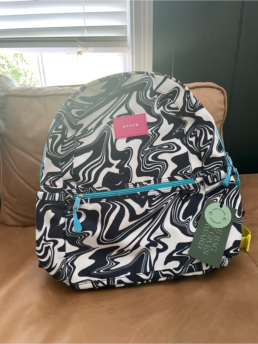 NWT STATE Kane kids double pocket black and White Swirl Backpack